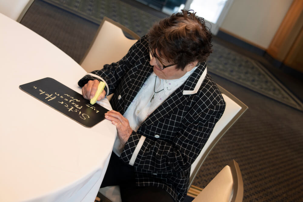 Sr. Helen was officially welcomed into the ACE Family when she posed for an ACE Chalkboard Photo. Her sign reads, "Live nun talking".
