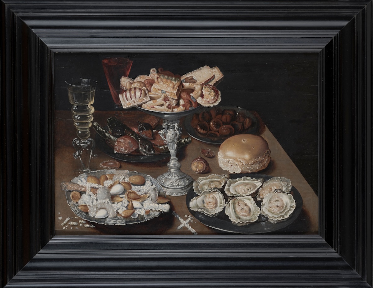 Image of Almonds, Oysters, Sweets, Chestnuts, and Wine on a Wooden Table Follower of Osias Beert the Elder (Flemish, ca. 1580-1624), Oil on panel, 18 ½ x 26 in. Raclin Murphy Museum of Art, University of Notre Dame. William L. and Erma M. Travis Endowment for the Decorative Arts, 2020.008