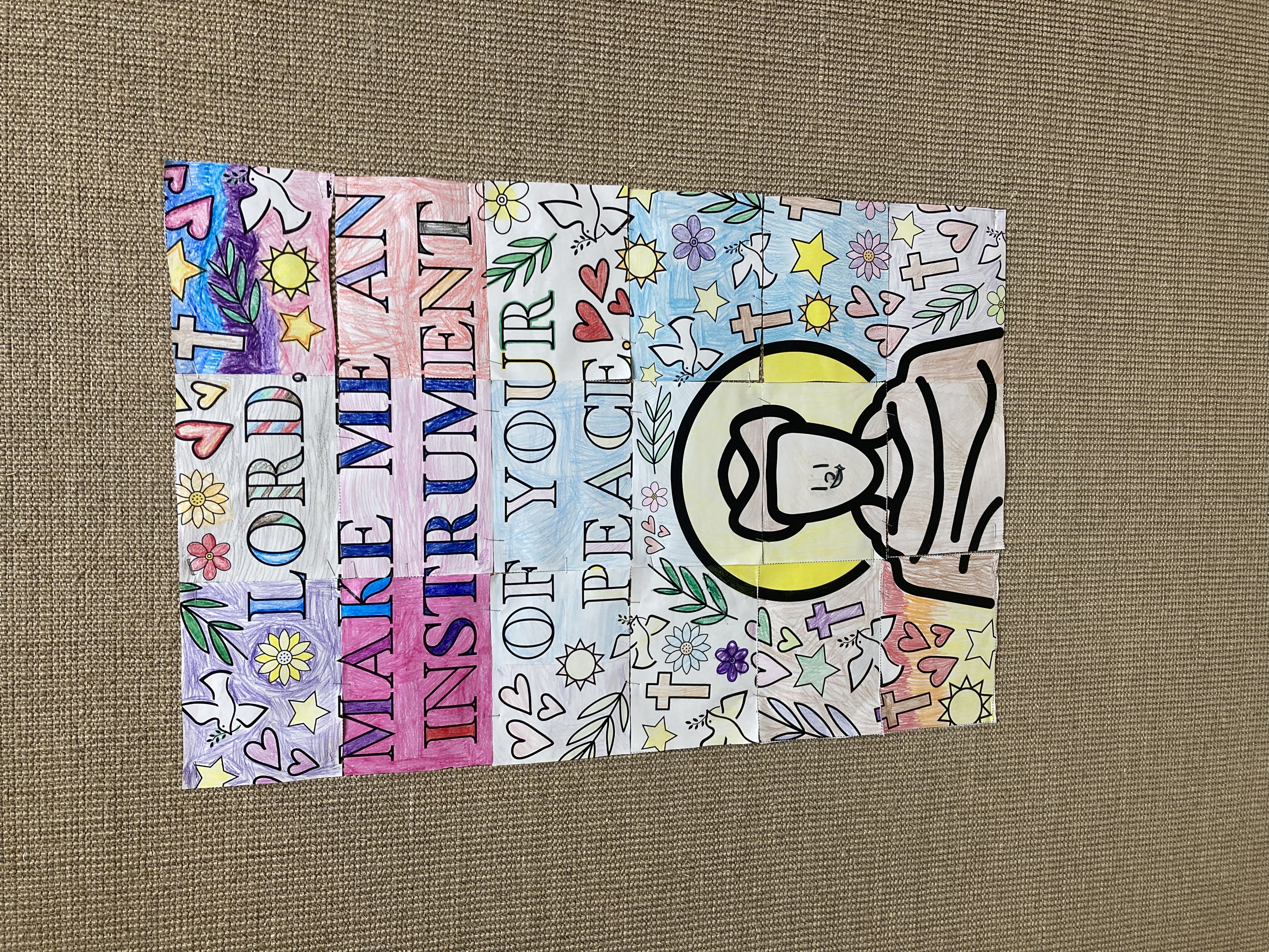 Coloring page that reads "Lord make me an instrument of your peace."