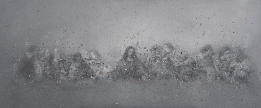 Image of Ash Banquet #4 - Zhang Huan (Chinese, b. 1965), Ash Banquet, 2021, Paint with ash on linen, 49 x 118 in. Raclin Murphy Museum of Art, University of Notre Dame. Lilly Foundation Programming Endowment for Religion and Spirituality in the Visual Arts, 2021.012