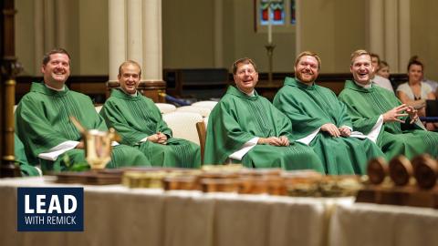 Fr. Lou DelFra with other priests at Missioning Mass 2025